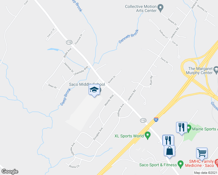 map of restaurants, bars, coffee shops, grocery stores, and more near 40 Buxton Rd in Saco