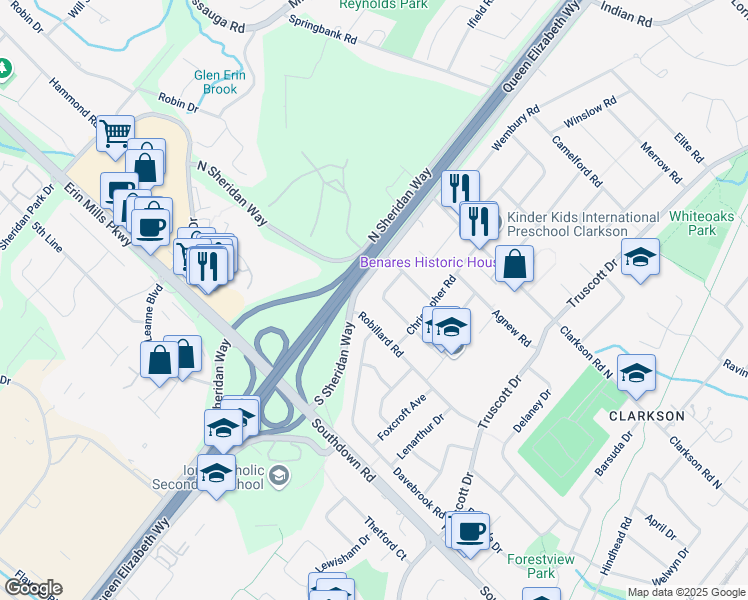 map of restaurants, bars, coffee shops, grocery stores, and more near 1636 Springwell Avenue in Mississauga