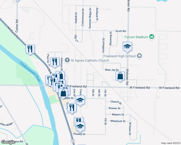 map of restaurants, bars, coffee shops, grocery stores, and more near 360 Fourth Street in Freeland