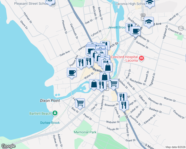 map of restaurants, bars, coffee shops, grocery stores, and more near 71 Beacon Street West in Laconia