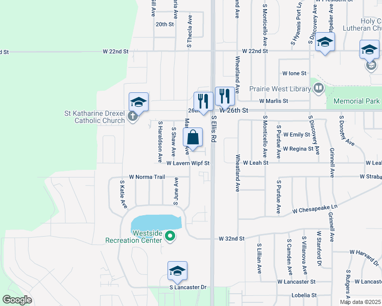 map of restaurants, bars, coffee shops, grocery stores, and more near 8610 West Grinn Place in Sioux Falls