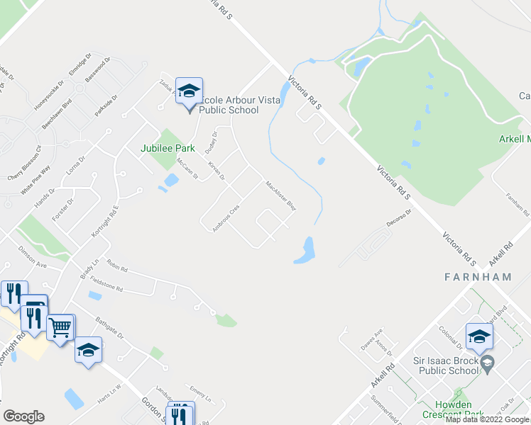 map of restaurants, bars, coffee shops, grocery stores, and more near 75 John Brabson Crescent in Guelph