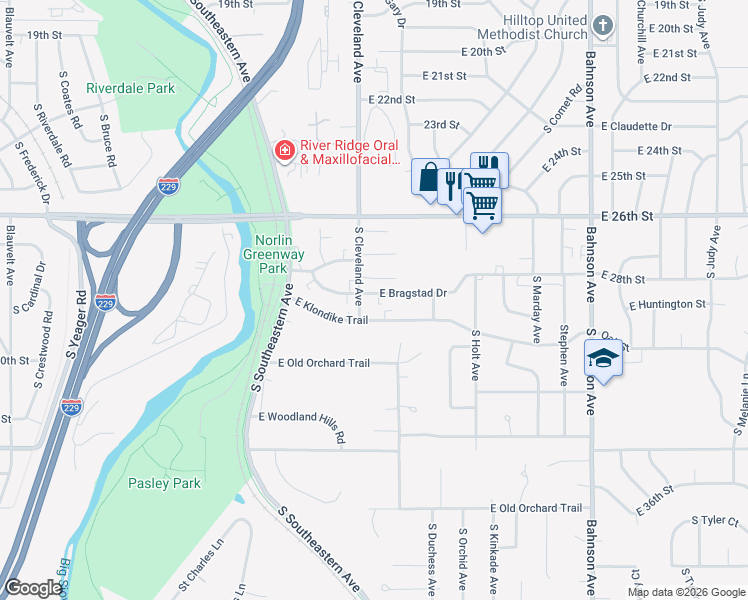 map of restaurants, bars, coffee shops, grocery stores, and more near 2040 South Cleveland Avenue in Sioux Falls