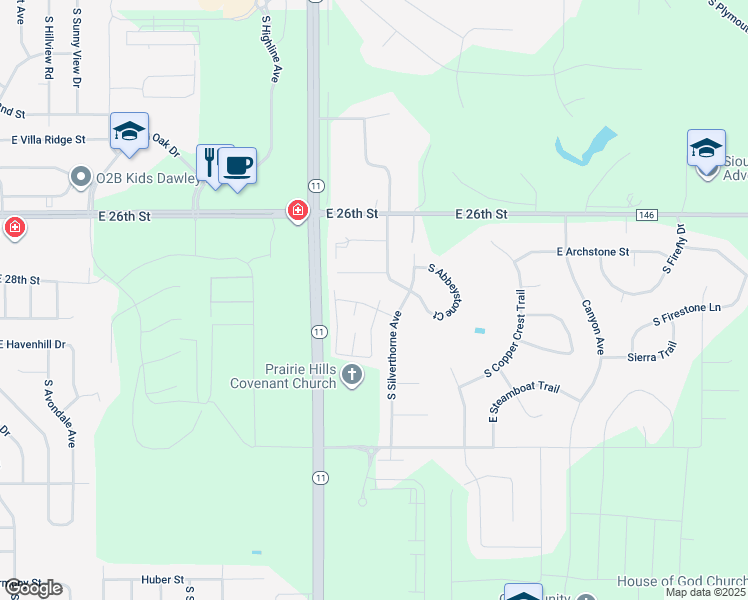 map of restaurants, bars, coffee shops, grocery stores, and more near 2105 South Silverthorne Avenue in Sioux Falls