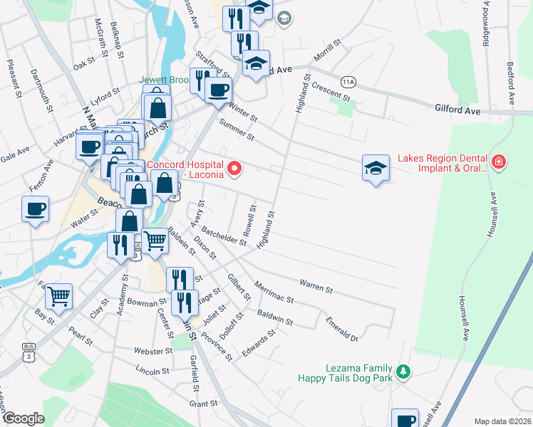 map of restaurants, bars, coffee shops, grocery stores, and more near 44 Highland Street in Laconia