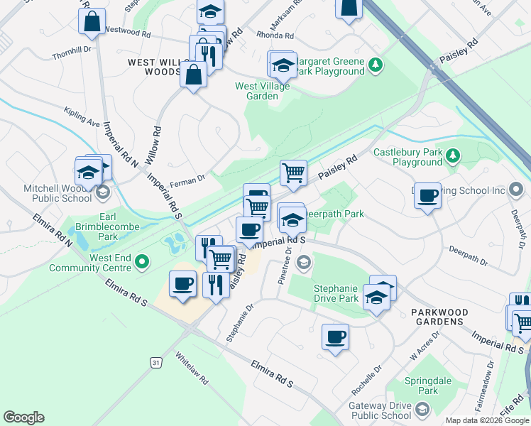 map of restaurants, bars, coffee shops, grocery stores, and more near 886 Paisley Road in Guelph