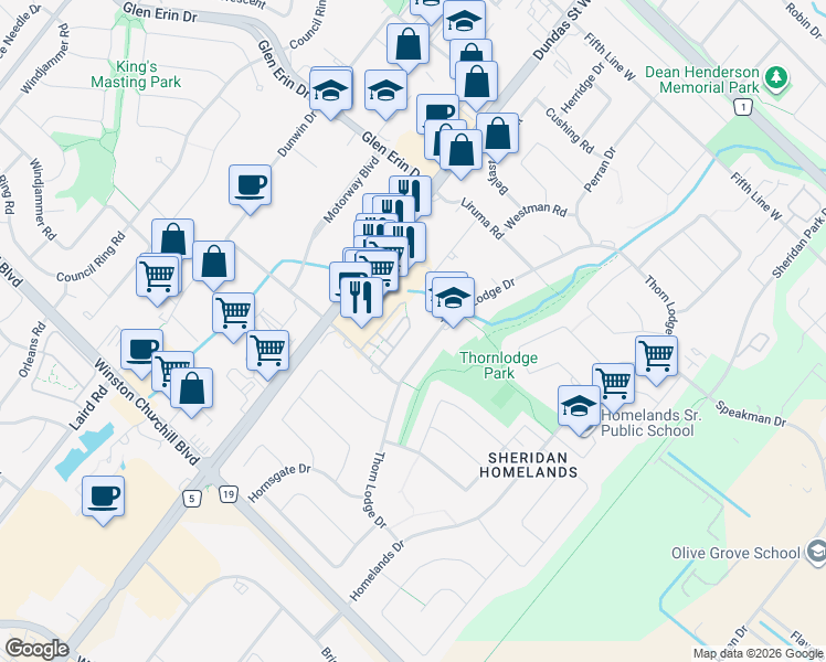 map of restaurants, bars, coffee shops, grocery stores, and more near 2605 Woodchester Drive in Mississauga