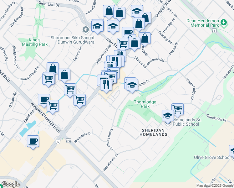 map of restaurants, bars, coffee shops, grocery stores, and more near 2605 Woodchester Drive in Mississauga
