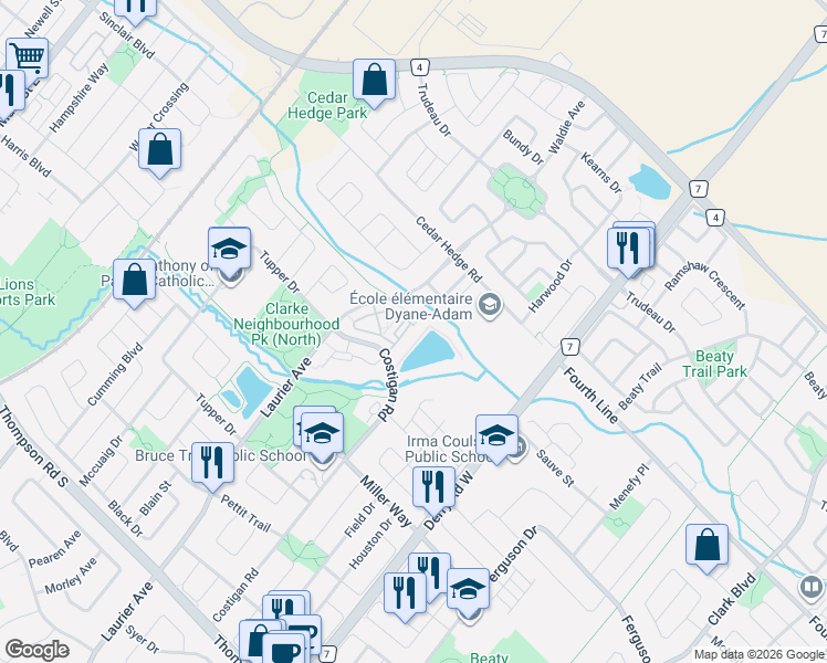 map of restaurants, bars, coffee shops, grocery stores, and more near 1370 Costigan Road in Milton