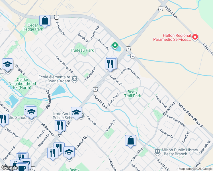 map of restaurants, bars, coffee shops, grocery stores, and more near 712 Dolby Crescent in Milton