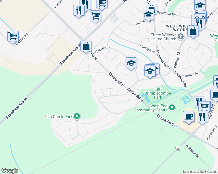 map of restaurants, bars, coffee shops, grocery stores, and more near 755 Willow Road in Guelph
