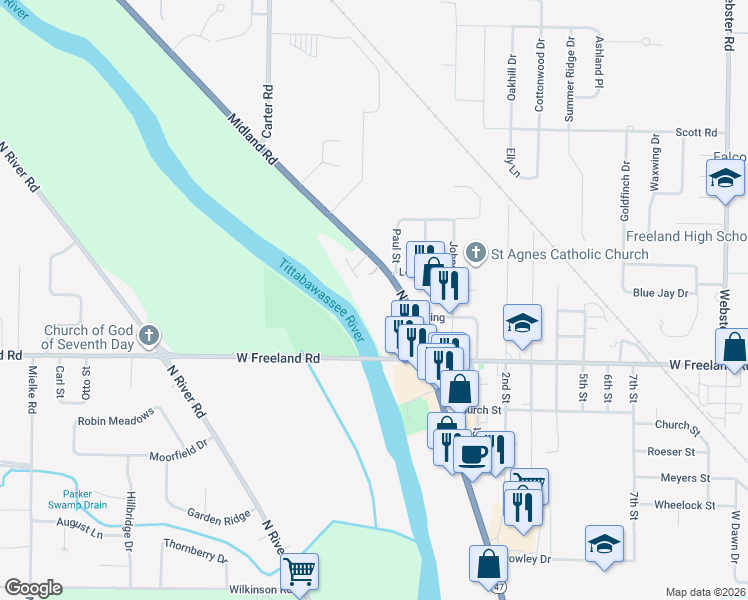 map of restaurants, bars, coffee shops, grocery stores, and more near 8217 Midland Road in Freeland