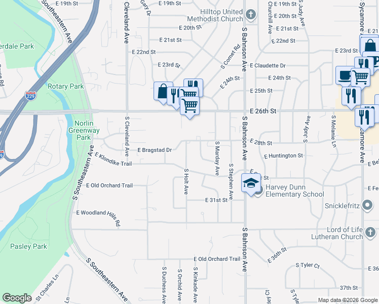 map of restaurants, bars, coffee shops, grocery stores, and more near 2105 South Mariana Drive in Sioux Falls