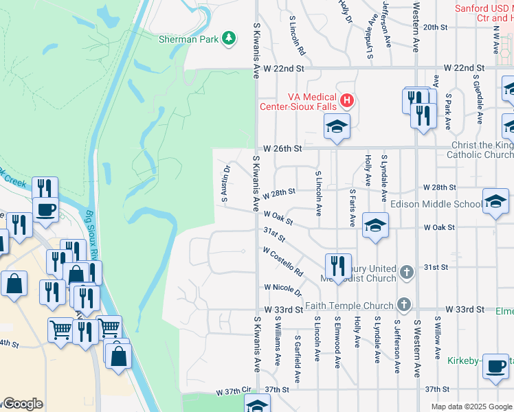 map of restaurants, bars, coffee shops, grocery stores, and more near 2801-2899 West 28th Street in Sioux Falls