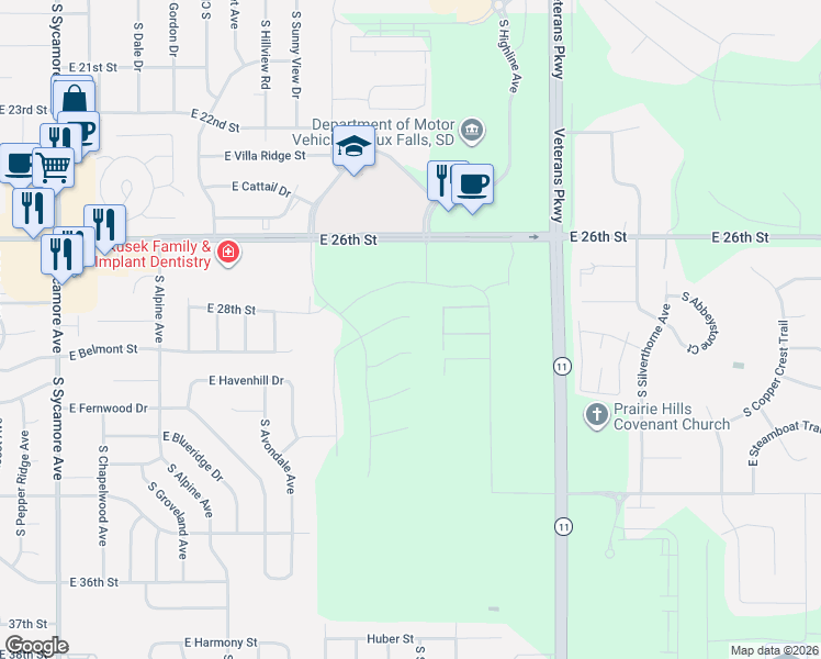 map of restaurants, bars, coffee shops, grocery stores, and more near 5643 County Road 146 in Sioux Falls