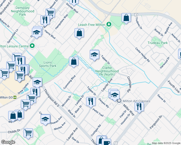map of restaurants, bars, coffee shops, grocery stores, and more near in Milton