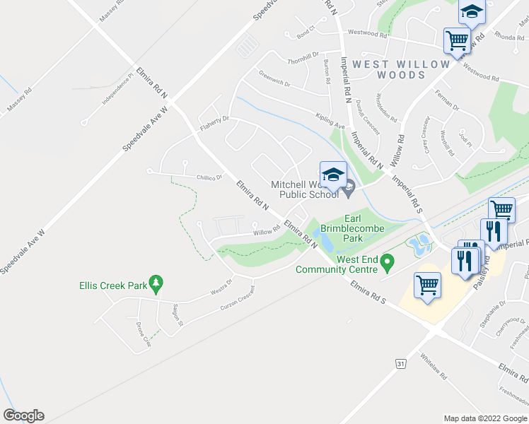 map of restaurants, bars, coffee shops, grocery stores, and more near 102 Elmira Road North in Guelph