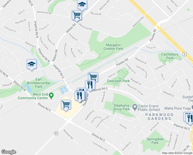 map of restaurants, bars, coffee shops, grocery stores, and more near 886 Paisley Road in Guelph