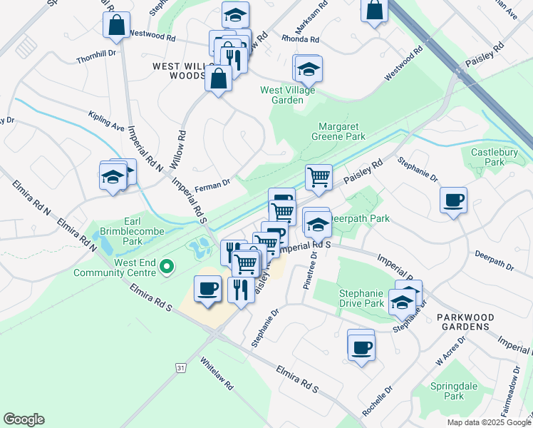 map of restaurants, bars, coffee shops, grocery stores, and more near 30 Imperial Road South in Guelph