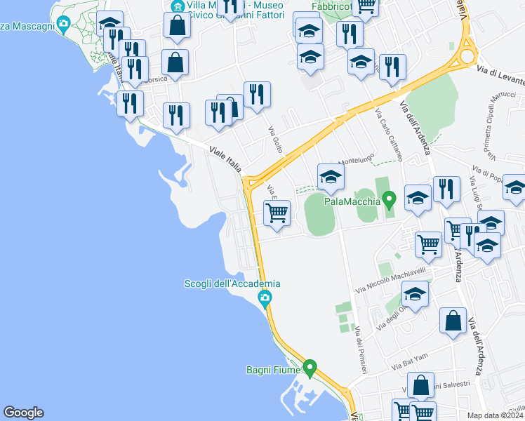 map of restaurants, bars, coffee shops, grocery stores, and more near 5 Via Riccardo Cipriani in Livorno