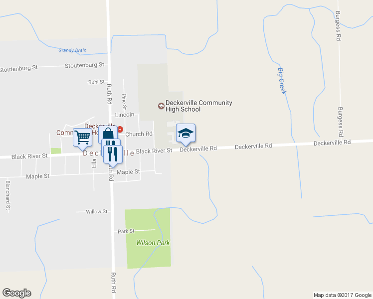 map of restaurants, bars, coffee shops, grocery stores, and more near 2755 Deckerville Road in Deckerville