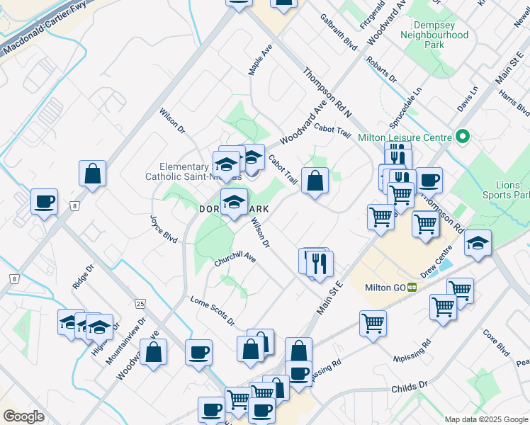 map of restaurants, bars, coffee shops, grocery stores, and more near 739 Mackenzie Drive in Milton