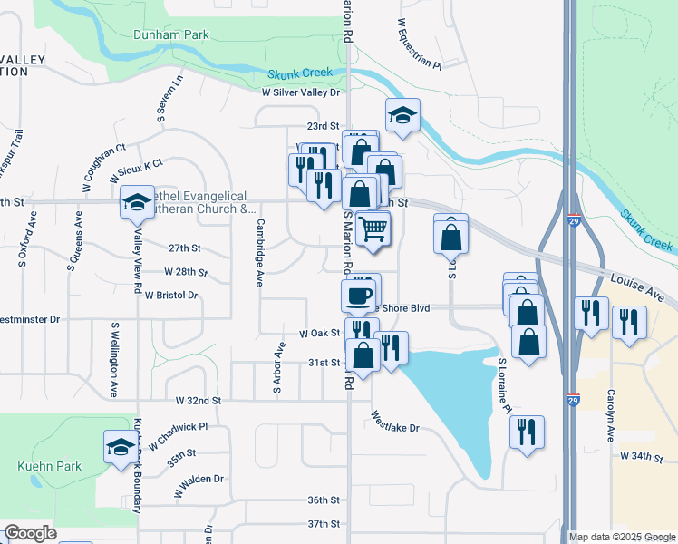 map of restaurants, bars, coffee shops, grocery stores, and more near 5321 W Birnhamwood Dr in Sioux Falls