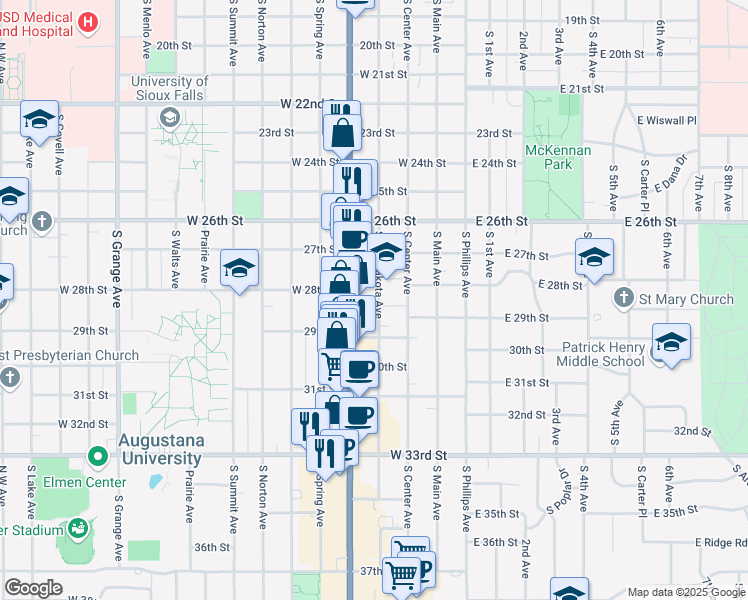 map of restaurants, bars, coffee shops, grocery stores, and more near 2013 South Dakota Avenue in Sioux Falls
