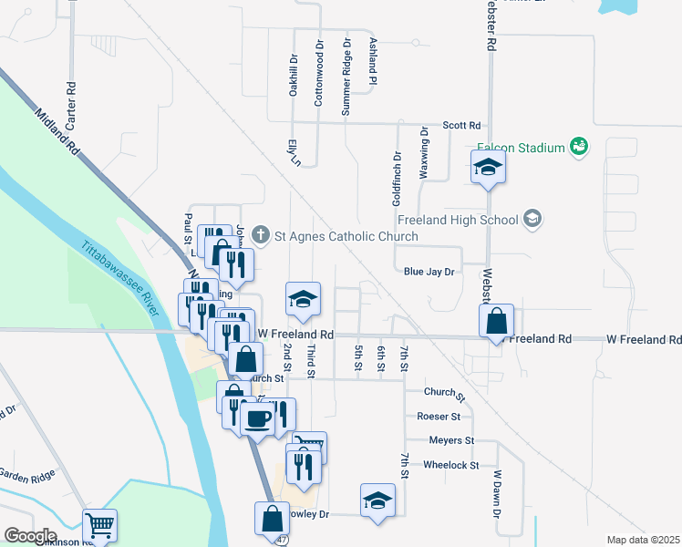 map of restaurants, bars, coffee shops, grocery stores, and more near 360 Fourth Street in Freeland