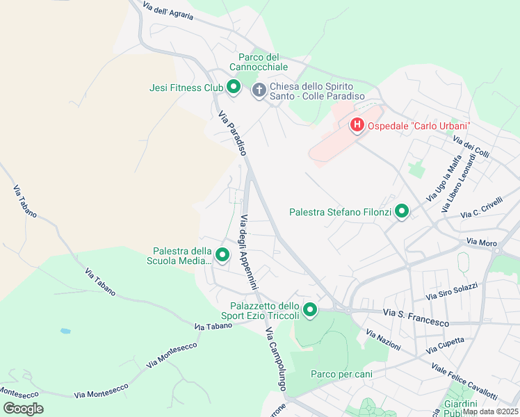 map of restaurants, bars, coffee shops, grocery stores, and more near 47A Via Paradiso in Jesi