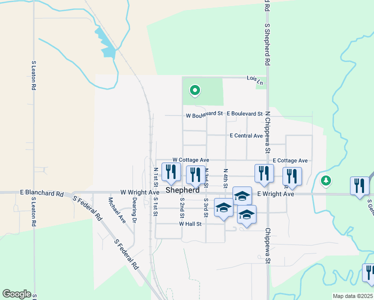 map of restaurants, bars, coffee shops, grocery stores, and more near 300-398 North 2nd Street in Shepherd