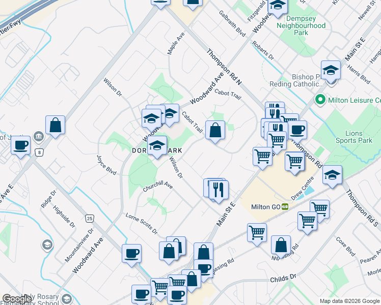 map of restaurants, bars, coffee shops, grocery stores, and more near 752 Mackenzie Drive in Milton