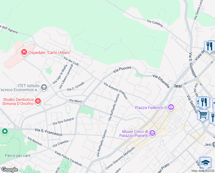 map of restaurants, bars, coffee shops, grocery stores, and more near 80 Via Antonio Gramsci in Jesi