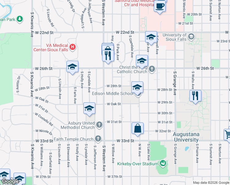 map of restaurants, bars, coffee shops, grocery stores, and more near 2017 South Willow Avenue in Sioux Falls