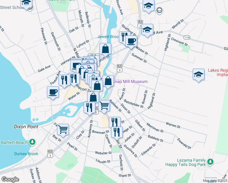 map of restaurants, bars, coffee shops, grocery stores, and more near 84 Union Avenue in Laconia