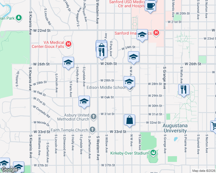 map of restaurants, bars, coffee shops, grocery stores, and more near 2017 South Willow Avenue in Sioux Falls