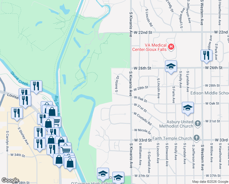 map of restaurants, bars, coffee shops, grocery stores, and more near 2029 South Austin Drive in Sioux Falls