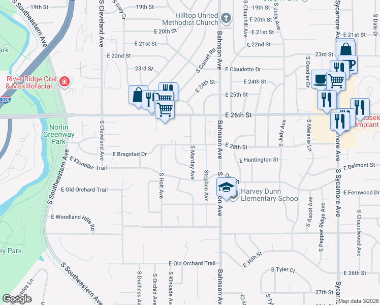 map of restaurants, bars, coffee shops, grocery stores, and more near 2105 South Marday Avenue in Sioux Falls
