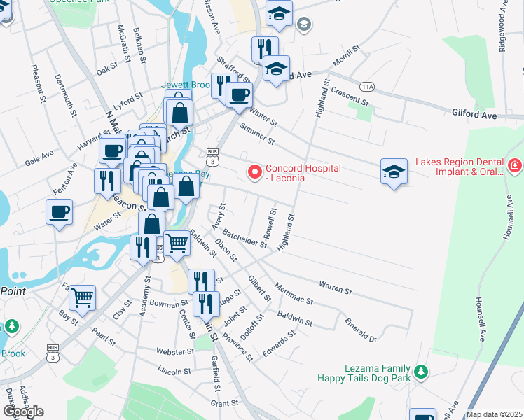 map of restaurants, bars, coffee shops, grocery stores, and more near 16 Beaman Street in Laconia