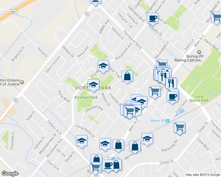 map of restaurants, bars, coffee shops, grocery stores, and more near 752 Mackenzie Drive in Milton