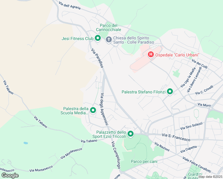 map of restaurants, bars, coffee shops, grocery stores, and more near 47A Via Paradiso in Jesi