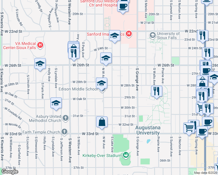 map of restaurants, bars, coffee shops, grocery stores, and more near 1605 West 28th Street in Sioux Falls