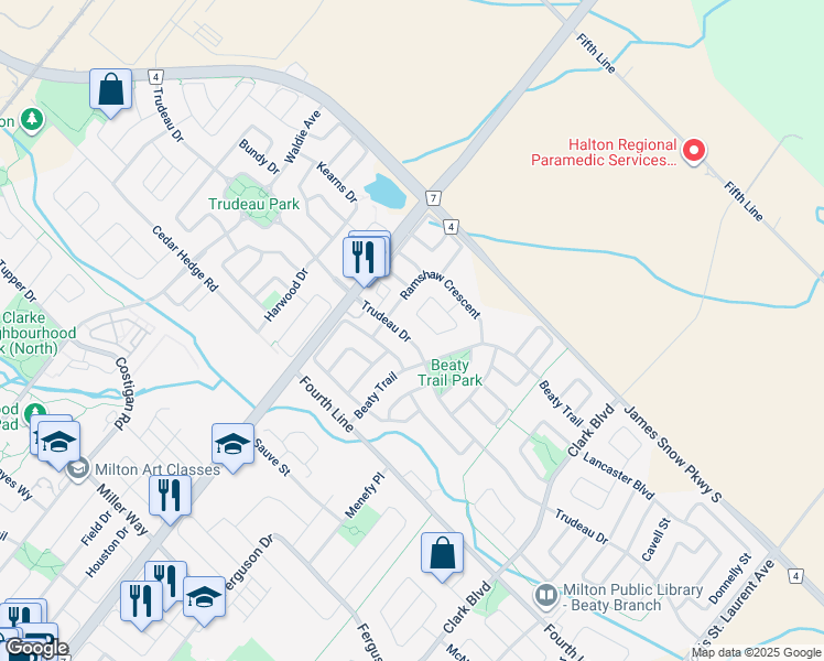 map of restaurants, bars, coffee shops, grocery stores, and more near 639 Trudeau Drive in Milton