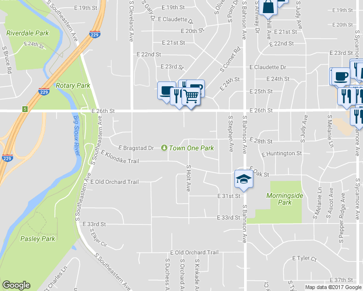 map of restaurants, bars, coffee shops, grocery stores, and more near 3109 East 28th Street in Sioux Falls