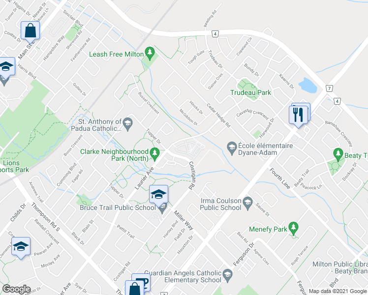 map of restaurants, bars, coffee shops, grocery stores, and more near in Milton