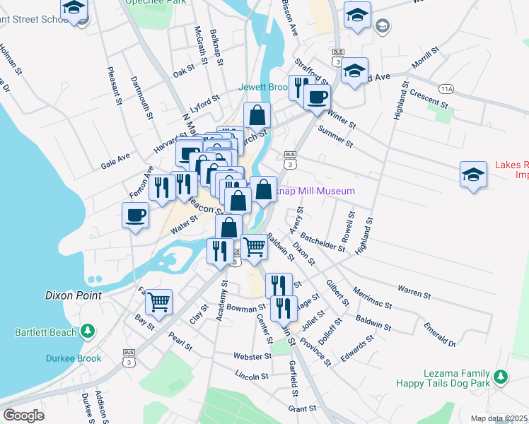 map of restaurants, bars, coffee shops, grocery stores, and more near 84 Union Avenue in Laconia