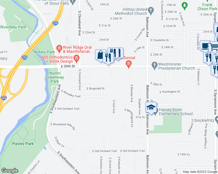 map of restaurants, bars, coffee shops, grocery stores, and more near 3105 East Bragstad Drive in Sioux Falls
