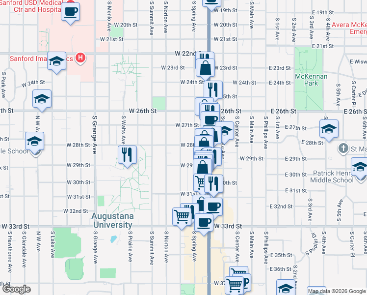 map of restaurants, bars, coffee shops, grocery stores, and more near 2002 South Duluth Avenue in Sioux Falls