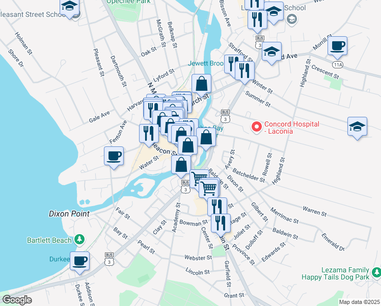 map of restaurants, bars, coffee shops, grocery stores, and more near 30 Beacon Street East in Laconia