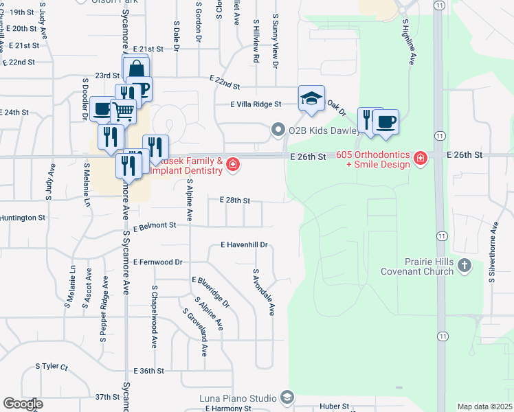 map of restaurants, bars, coffee shops, grocery stores, and more near 2001 South Hillview Road in Sioux Falls